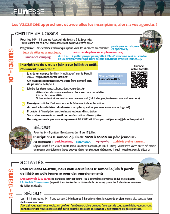 actu jeunesse ABCS inscription été 2026