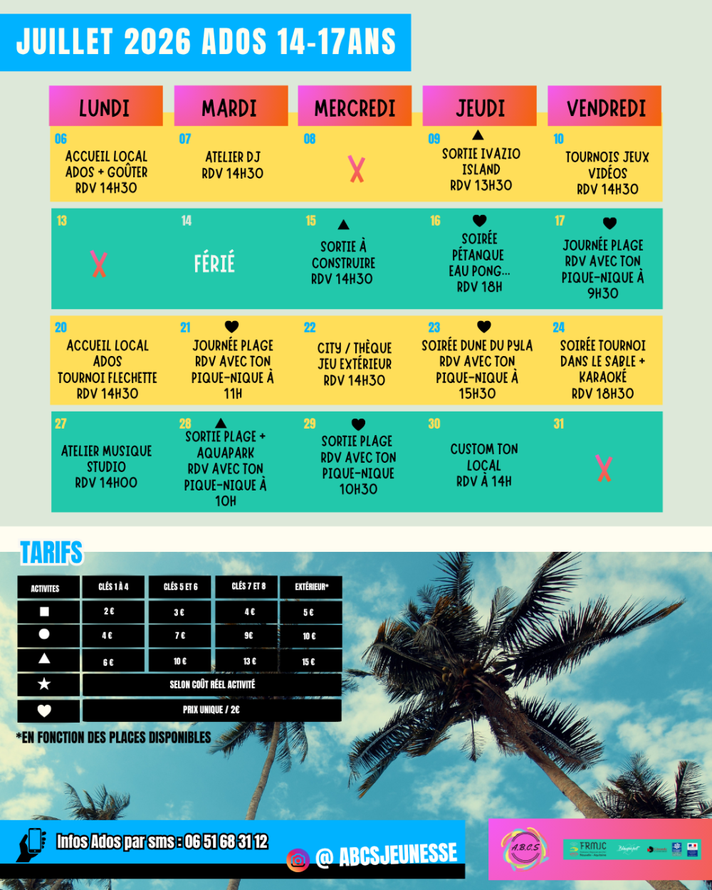 programme été juillet ados 14-17ans abcs 2026